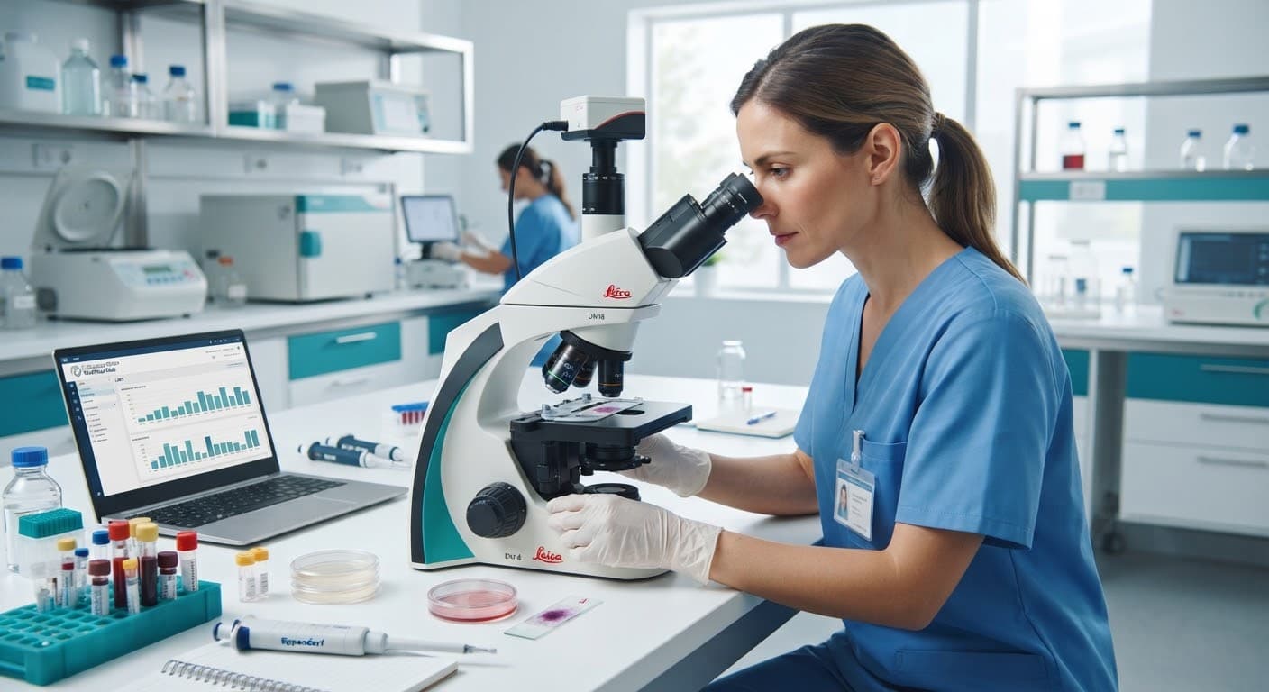 Profesional de laboratorio observando una muestra en el microscopio